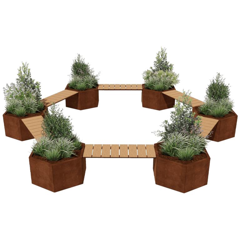 Jardinière en acier Corten avec banc Installation de feu de camp Vegas