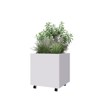 Jardinière en acier - Carré - 60 x 60 x 60 cm - RAL9010 mat (blanc) - Avec plaque de fond - Avec roulettes
