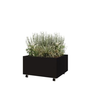 Jardinière en acier - Carré - 80 x 80 x 40 cm - RAL9005 mat (noir) - Avec plaque de fond - Avec roulettes