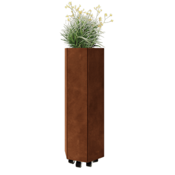 Jardinière en acier Corten - Hexagone - 39,3 x 34,6 x 100 cm - Avec plaque de fond - Avec roulettes