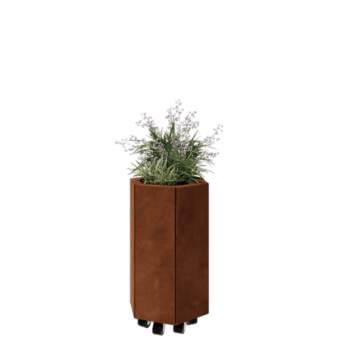 Jardinière en acier Corten - Hexagone - 39,3 x 34,6 x 60 cm - Avec plaque de fond - Avec roulettes