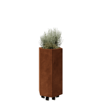 Jardinière en acier Corten - Hexagone - 39,3 x 34,6 x 70 cm - Avec plaque de fond - Avec roulettes