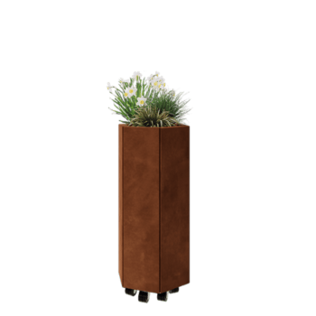Jardinière en acier Corten - Hexagone - 39,3 x 34,6 x 80 cm - Avec plaque de fond - Avec roulettes
