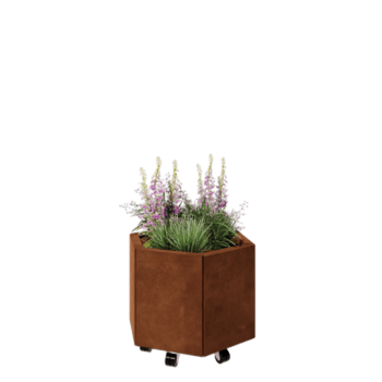 Jardinière en acier Corten - Hexagone - 59,3 x 52 x 40 cm - Avec plaque de fond - Avec roulettes