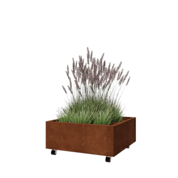 Jardinière en acier Corten - Carré - 80 x 80 x 30 cm - Avec plaque de fond - Avec roulettes