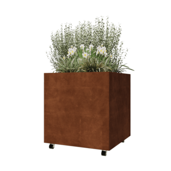 Jardinière en acier Corten - Carré - 80 x 80 x 80 cm - Avec plaque de fond - Avec roulettes