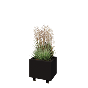 Jardinière en acier - Rectangle - 40 x 30 x 30 cm - RAL9005 mat (noir) - Avec plaque de fond - Avec roulettes