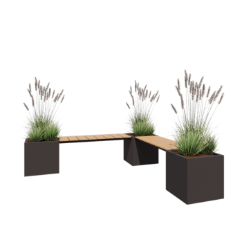 Jardinière en acier - Carré - Configuration d'angle - 221,2 x 221,2 x 50 cm - RAL7016 mat (gris anthracite) - Avec plaque de fond - Avec banc 