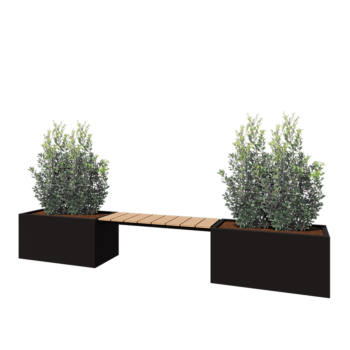 Jardinière en acier - Rectangle - 321,2 x 50 x 50 cm - RAL9005 mat (noir) - Avec plaque de fond - Avec banc 