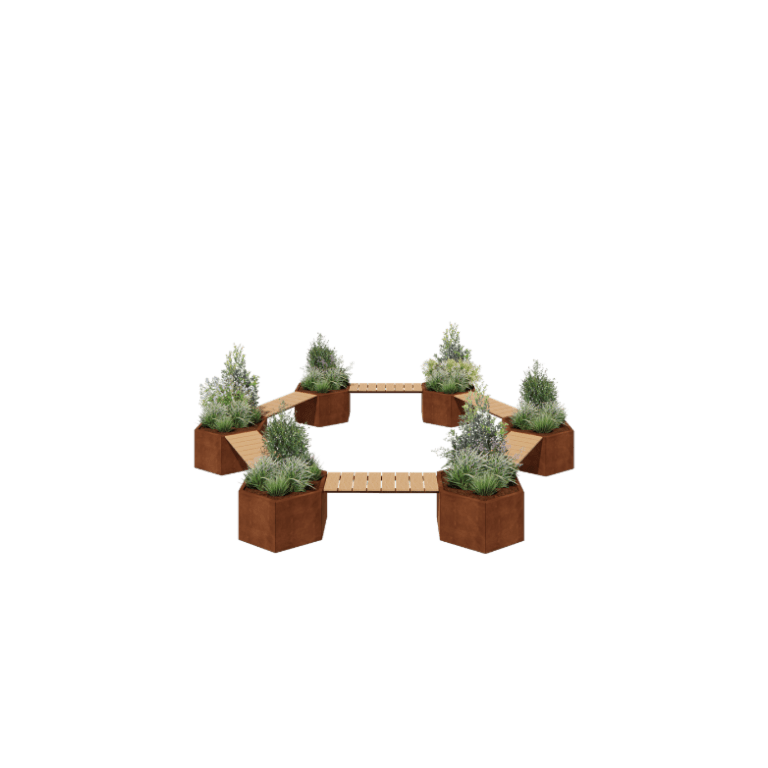 Jardinière en acier Corten - Configuration feu de camp - 502,2 x 459,2 x 50 cm - Avec banc - Sanc plaque de fond
