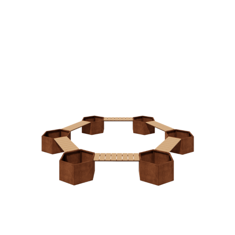 Jardinière en acier Corten - Configuration feu de camp - 502,2 x 459,2 x 50 cm - Avec banc - Sanc plaque de fond