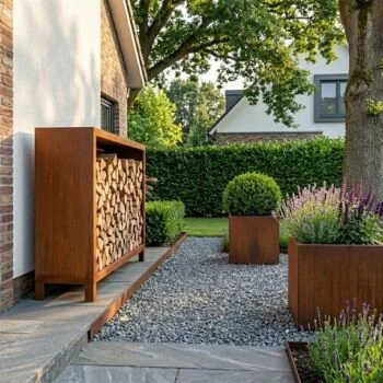 Range-bûches en acier Corten - Indiana - 120 x 40 x 100 cm