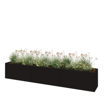 Jardinière XXL en acier - Rectangle - 360 x 50 x 60 cm - RAL9005 mat (noir) - Avec plaque de fond