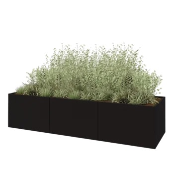 Jardinière XXL en acier - Rectangle - 360 x 100 x 80 cm - RAL9005 mat (noir) - Avec plaque de fond