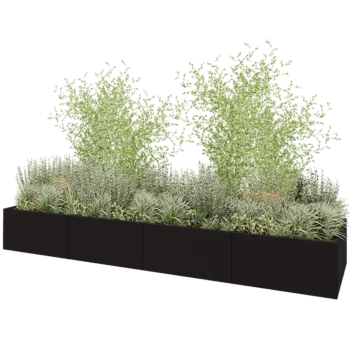 Jardinière XXL en acier - Rectangle - 480 x 120 x 60 cm - RAL9005 mat (noir) - Avec plaque de fond