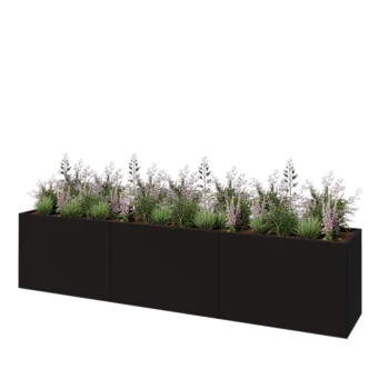 Jardinière XXL en acier - Rectangle - 360 x 60 x 80 cm - RAL9005 mat (noir) - Avec plaque de fond