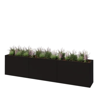 Jardinière XXL en acier - Rectangle - 360 x 50 x 80 cm - RAL9005 mat (noir) - Avec plaque de fond
