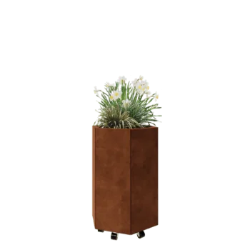 Jardinière en acier Corten - Hexagone - 59,3 x 52 x 80 cm - Avec plaque de fond - Avec roulettes