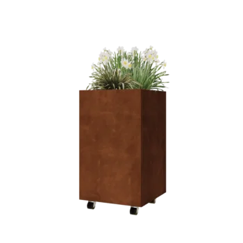 Jardinière en acier Corten - Carré - 50 x 50 x 80 cm - Avec plaque de fond - Avec roulettes