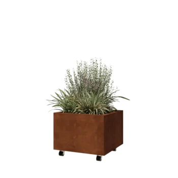 Jardinière en acier Corten - Carré - 60 x 60 x 40 cm - Avec plaque de fond - Avec roulettes