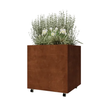 Jardinière en acier Corten - Carré - 80 x 80 x 80 cm - Avec plaque de fond - Avec roulettes