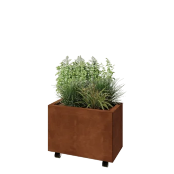 Jardinière en acier Corten - Rectangle - 60 x 30 x 40 cm - Avec plaque de fond - Avec roulettes