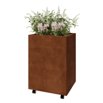 Jardinière en acier Corten - Rectangle - 60 x 50 x 80 cm - Avec plaque de fond - Avec roulettes