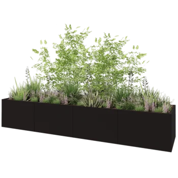 Jardinière XXL en acier - Rectangle - 480 x 100 x 80 cm - RAL9005 mat (noir) - Avec plaque de fond
