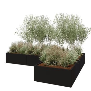 Jardinière en acier - Forme en L - 300 x 200 x 40 cm - RAL9005 mat (noir) - Sanc plaque de fond