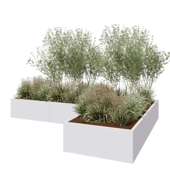 Jardinière en acier - Forme en L - 300 x 200 x 40 cm - RAL9010 mat (blanc) - Sanc plaque de fond