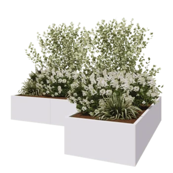 Jardinière en acier - Forme en L - 300 x 200 x 50 cm - RAL9010 mat (blanc) - Sanc plaque de fond