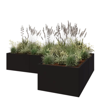 Jardinière en acier - Forme en L - 300 x 200 x 60 cm - RAL9005 mat (noir) - Sanc plaque de fond
