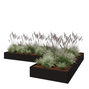 Jardinière en acier - Forme en L - 360 x 240 x 30 cm - RAL9005 mat (noir) - Avec plaque de fond