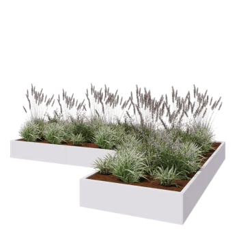 Jardinière en acier - Forme en L - 360 x 240 x 30 cm - RAL9010 mat (blanc) - Avec plaque de fond