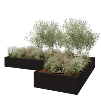 Jardinière en acier - Forme en L - 360 x 240 x 40 cm - RAL9005 mat (noir) - Avec plaque de fond