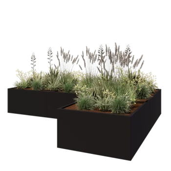 Jardinière en acier - Forme en L - 360 x 240 x 60 cm - RAL9005 mat (noir) - Avec plaque de fond