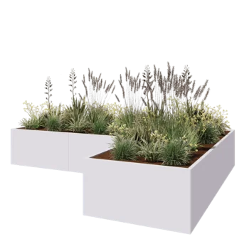 Jardinière en acier - Forme en L - 360 x 240 x 60 cm - RAL9010 mat (blanc) - Sanc plaque de fond