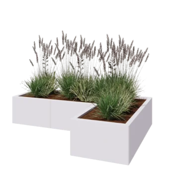 Jardinière en acier - Forme en L - 150 x 100 x 30 cm - RAL9010 mat (blanc) - Avec plaque de fond