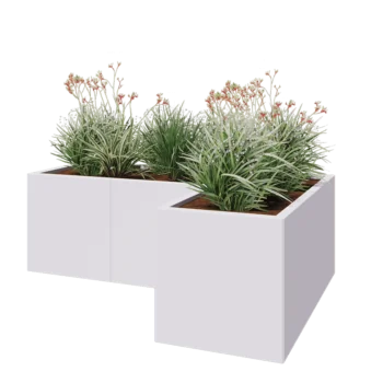 Jardinière en acier - Forme en L - 150 x 100 x 50 cm - RAL9010 mat (blanc) - Avec plaque de fond
