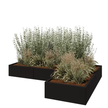 Jardinière en acier - Forme en L - 240 x 160 x 30 cm - RAL9005 mat (noir) - Sanc plaque de fond