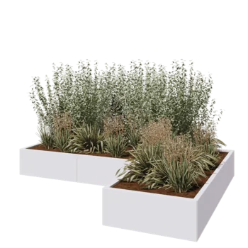 Jardinière en acier - Forme en L - 240 x 160 x 30 cm - RAL9010 mat (blanc) - Avec plaque de fond