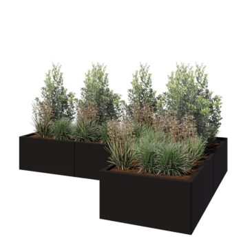Jardinière en acier - Forme en L - 240 x 160 x 40 cm - RAL9005 mat (noir) - Avec plaque de fond