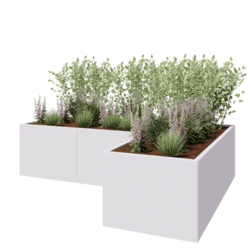 Jardinière en acier - Forme en L - 240 x 160 x 60 cm - RAL9010 mat (blanc) - Avec plaque de fond
