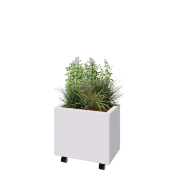 Jardinière en acier - Rectangle - 50 x 30 x 40 cm - RAL9010 mat (blanc) - Avec plaque de fond - Avec roulettes