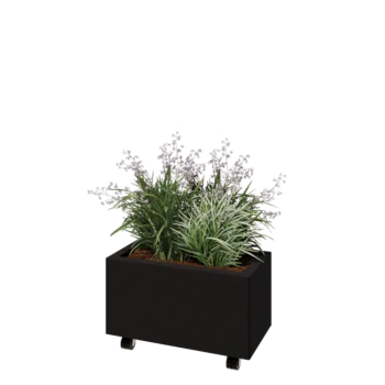 Jardinière en acier - Rectangle - 60 x 30 x 30 cm - RAL9005 mat (noir) - Avec plaque de fond - Avec roulettes