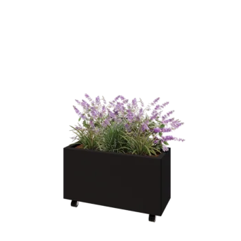 Jardinière en acier - Rectangle - 80 x 30 x 40 cm - RAL9005 mat (noir) - Avec plaque de fond - Avec roulettes