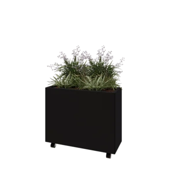 Jardinière en acier - Rectangle - 80 x 30 x 60 cm - RAL9005 mat (noir) - Avec plaque de fond - Avec roulettes