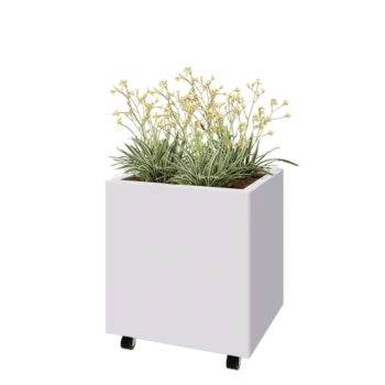 Jardinière en acier - Rectangle - 60 x 50 x 60 cm - RAL9010 mat (blanc) - Avec plaque de fond - Avec roulettes