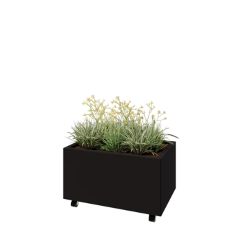 Jardinière en acier - Rectangle - 80 x 50 x 40 cm - RAL9005 mat (noir) - Avec plaque de fond - Avec roulettes
