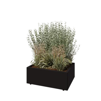 Jardinière en acier - Rectangle - 80 x 60 x 30 cm - RAL9005 mat (noir) - Avec plaque de fond - Avec pieds